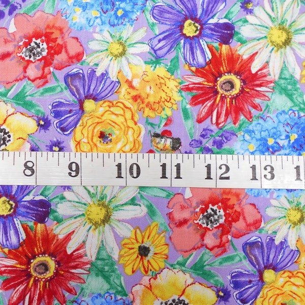 Fabric- #5436  Packed Flowers on Purple/bright yellow red white blue floral/Fanciful Flight Wilmington Prints/fabric by the yard