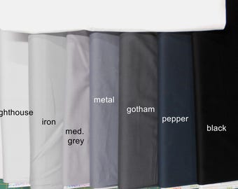 KONA Solid Fabric-Grey tones: White/Silver/quicksilver/lighthouse/iron/med. grey/steel/metal/gotham/pepper/black-Robert Kaufman/Kona Cotton