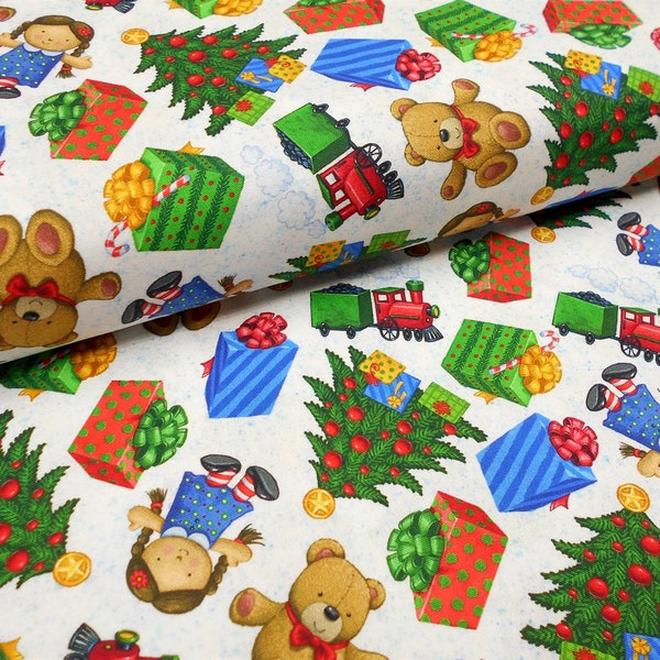 Fabric-1/2 or 1yd piece #5275/Toys & Presents Toss/train present doll tree teddy bear/Merry Christmas/Jolly Laughing Santa coordinate