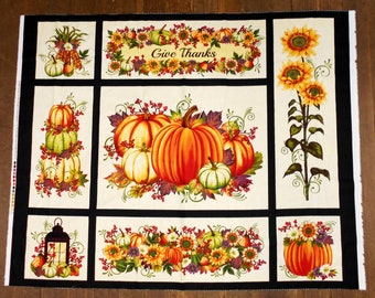 Pumpkin Harvest Fabric Panel #4785/approx. 35x43" pumpkins/flowers/sunflowers/fall leaves/orange green purple/Thanksgiving/2669/Henry Glass