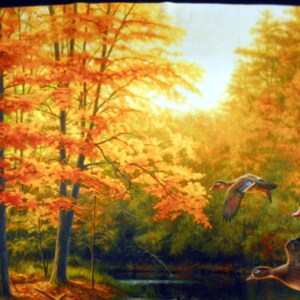 May include: A painting of a fall forest scene with colorful autumn leaves. Four wood ducks are flying in the sky. The ducks are brown, white, and blue.