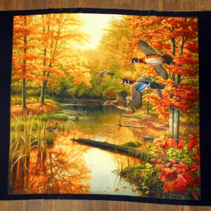 May include: A painting of a forest scene with a stream running through it. The trees have orange, yellow, and red leaves. There are four wood ducks flying over the stream.