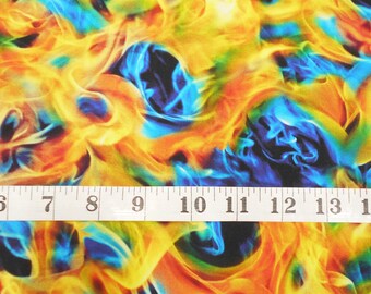 Fabric-#5475-Multi Colored Yellow Orange Blue Green Flames/Fire/Smoke/Firefighter/Open Air Fabric Line/Quilting Treasures