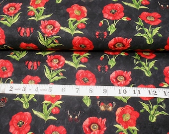 Fabric-PRECUT 1yd piece #4640-Harlequin Poppies and Butterflies/Red Green/Black Harlequin background/Wilmington Prints/fabric by the yard