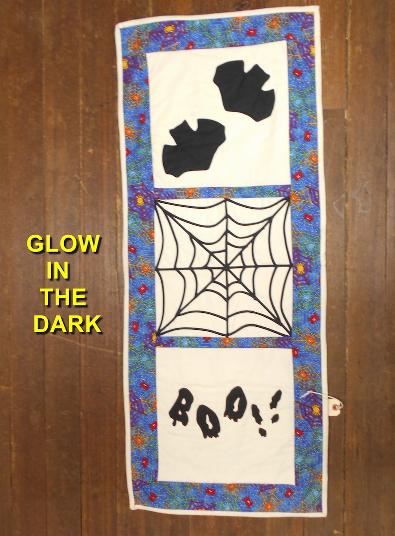 GLOW-In-The-DARK Halloween/Fall/Autumn Wall Hanging, Glow-In-The-Dark Bats/Spider Web/BOO 17 x 43 image 1