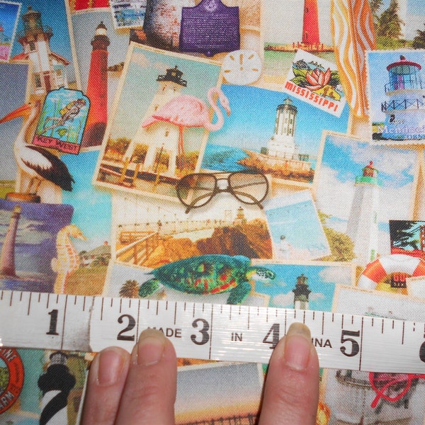 Fabric-1/2 or 1yd #4368-Southern Lighthouses/Postcards/flamingo/sea turtle/sunglasses/Alcatraz/seahorse/Key West/St. Augustine/Mississippi