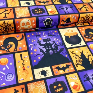 May include: A black and purple fabric with a Halloween theme. The fabric features a variety of Halloween icons, including a haunted house, a black cat, a cauldron, a spider, a witch's hat, candy corn, and a skull. The fabric is perfect for crafting Halloween decorations, costumes, and other projects.