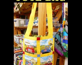 Vintage Trucks Tote/Quilted Bag/Purse/Red White Blue/Patriotic/yellow floral fusion/red blue corner stones/green sunflower lining