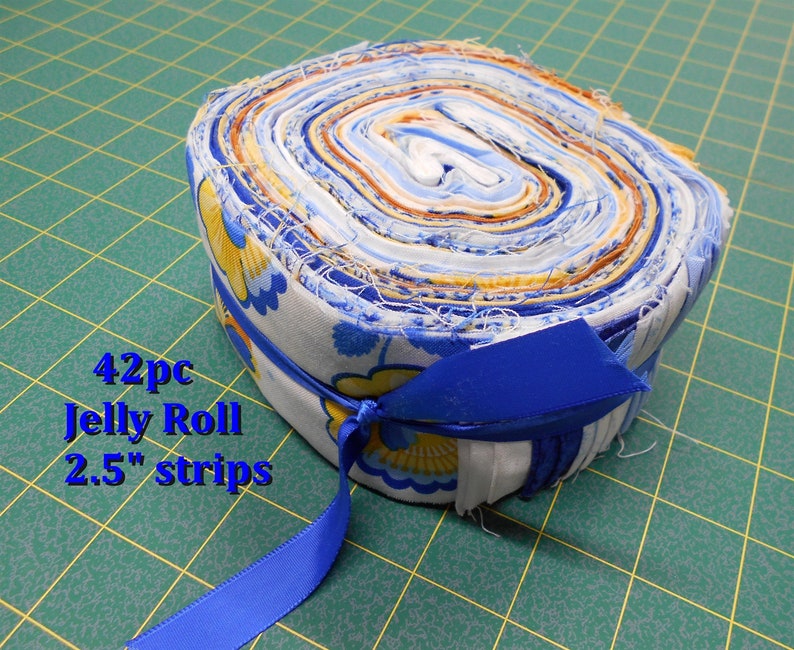 Fabric-42pc. Jelly Roll /4033-Precut 2.5 strips/White Chantilly Yellow Blue White Floral/leave/leaf print/solid/coordinating fabrics image 1