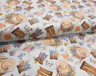 Fabric #6228 Cowboy Boots & Hats/lasso/flowers floral/Highland Ranch/Susan Winget/fabric by the yard