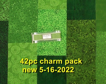 Fabric-42PC CHARM PACK #4584 Emerald Forest/5"x5" squares/Essentials/green/spatter/climbing vines/elegant scroll/blender