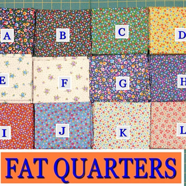 Fabric-Fat Quarter approx 18x21"/Floral Cache/calico med small tiny floral/roses & dots/stems/black navy red yellow white green pink blue