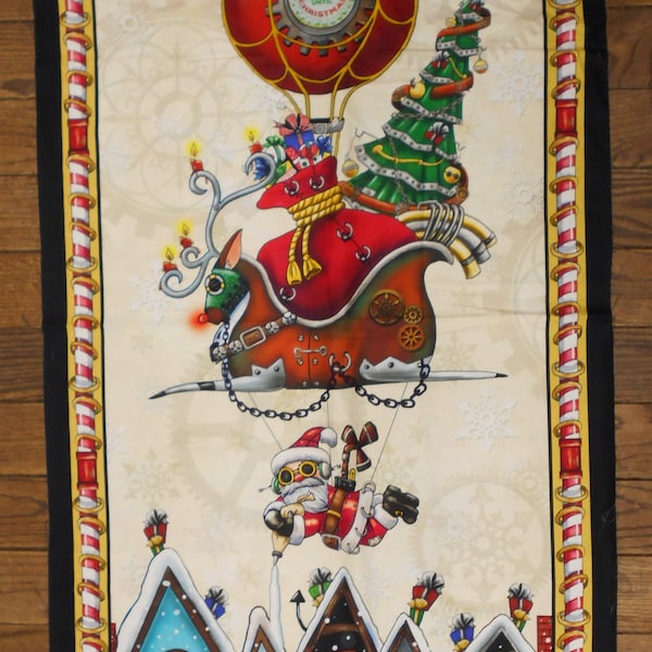 Steampunk Christmas Fabric Panel #5276/approx 24x42"/Santa/Reindeer/icing/presents/sprockets/candy canes