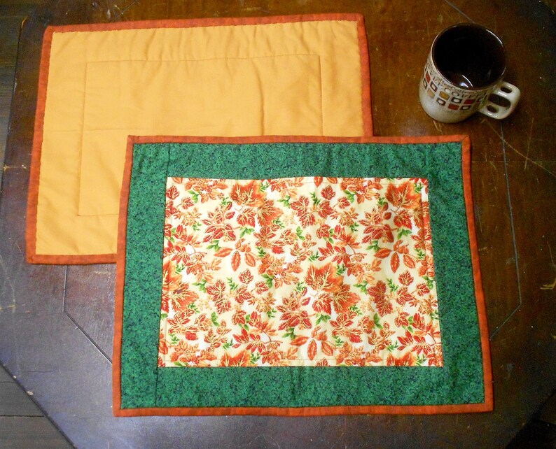 Fall/Thanksgiving Placemats 2 placemats approx. 13.5 tall by 17.5 Metallic Leaves on Cream center/ Green Blender/Rust Bind/Gold O93 image 2