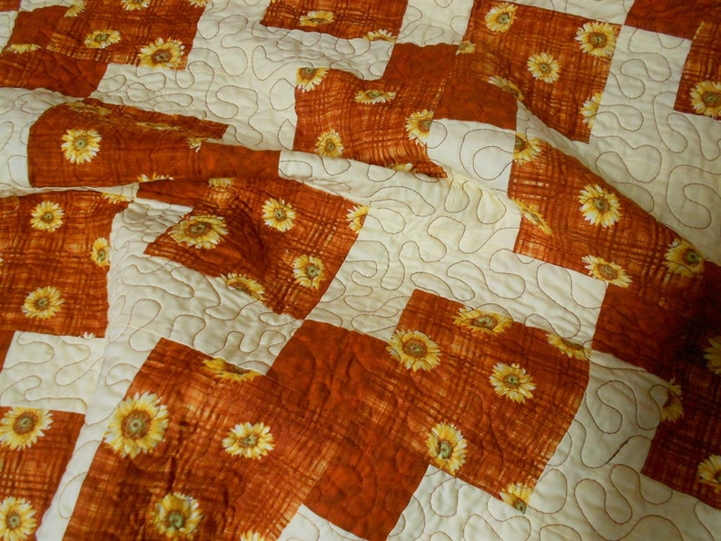 Rust/Orange Sunflower Lap Quilt approx. 55 x 71 solid pale yellow/butter/orange hatch sunflower print/fall/autumn floral 3894 image 3