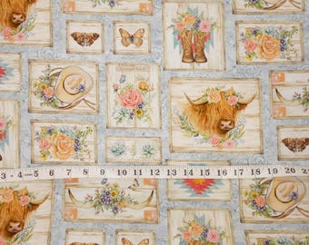 Tissu n°6231 écusson photo vache Highland/roses fleurs bottes chapeaux/Highland Ranch/Susan Winget/tissu par mètre