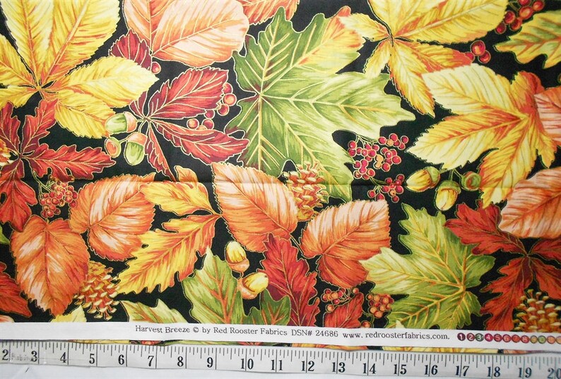 1yd piece- Harvest BreezeLargePackedFall leavesmetallicAcornsPineconesbrowngreenredrustorangepeach Red Rooster Fabric #3063