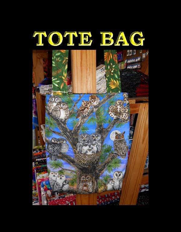 Owl Bag/owl families in a tree/Tote/Quilted Bag/Purse/green leaf foliage back/inside pocket brown vi