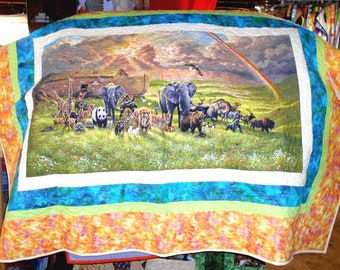 Noah's Ark Quilt-approx. 45x63"/ARK animals/new beginnings/elephant panda giraffe lion bear birds monkey dove scenic/bright colors rainbow