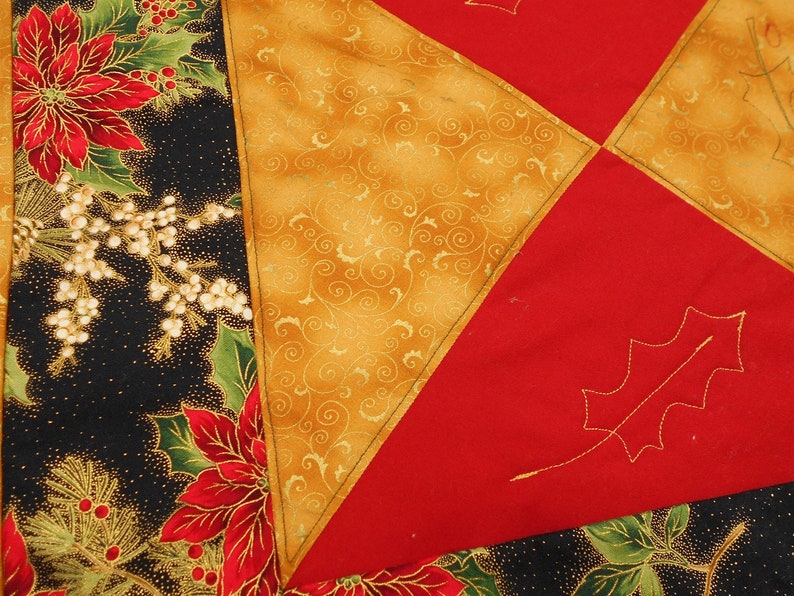 Christmas/Holiday/Winter Elegant Poinsettia Table Runner 16 x 31 metallic gold swirl/black with gold dots back/quilted holly leaves R62 image 5