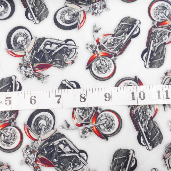 Fabric-1/2 or 1yd piece #5147 Ride Free-Motorcycle Toss on white background/black and white and red/Jon Q Wright/Quilting Treasures