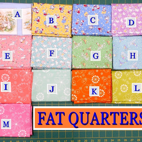 Fabric-Fat Quarter approx 18x21"/blocks/Storytime-mother goose mary had lamb humpty dumpty cat fiddle/doodle-pink peach orange green teal