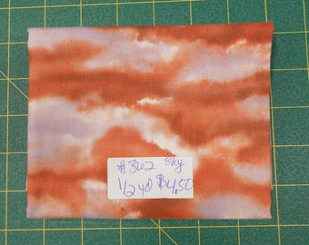 Fabric-1/2 yd piece #362- Sky Fabric/Sky print/clouds/cloudy/evening sky/sunset/purple/tan/rust/designed by Beth Ann Bruske/David Textiles