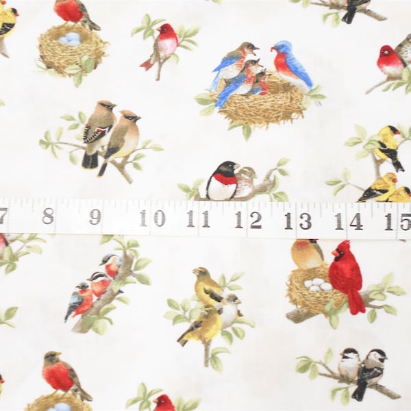 Fabric-Birds and Nests cream background #4989/choose 1/2 or 1yd piece/cardinal/blue bird/robin/nest/Elizabeth's Studio