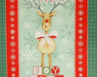 Fabric-Wooden Reindeer Panel-peace, joy, love/wooden reindeer with polka dot bowtie/red white snowflake border/approx 24x43"/Studioe