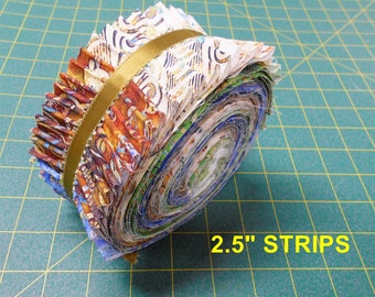 Sylvan Spirit Fabric-Jelly Roll /40pc/2.5" strips/copper brown blue green cream set swirl/floral and leaf toss