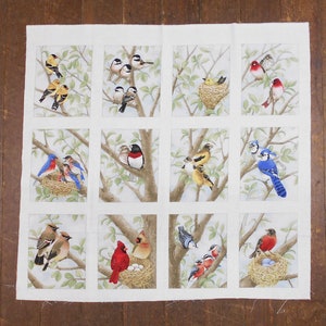 Birds in Tree Fabric Panel #2748-12 block panel approx 23&quot; wide x 21&quot;top to bottom/cardinal/blue bird/robin/nest/finch/Elizabeth&#39;s Studio