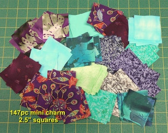 Fabric-147pc mini charm pack #4789/precut 2.5" squares/purple peacock teal blue green/fairy frost gunman venus blackberry/mottled blue green