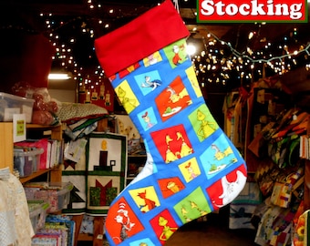 Stocking-Dr. Seuss/blue boxed characters/Grinch/Horton/Fox in Socks/Yertle Turtle/Lorax/Sneetches/Cat in Hat/red cuff/ready to ship