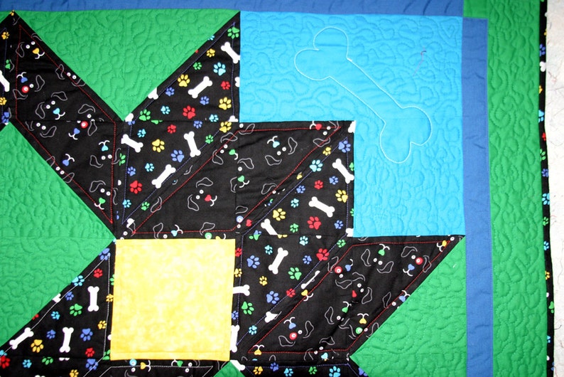 Puppy Dogs & Bones Carpenter Star Baby/Toddler/Lap Quilt 55 x 55 green/blue/yellow/multi colored faces and bones, quilted paw print/bone image 3