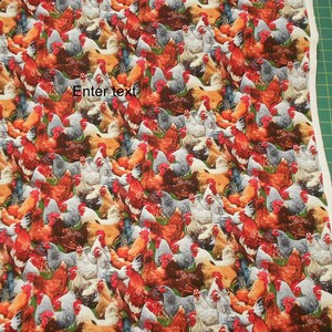 May include: A white fabric with a repeating pattern of colourful chickens. The chickens are in various poses, including standing, walking, and pecking. The fabric is ideal for crafting projects, such as quilting, sewing, and scrapbooking.