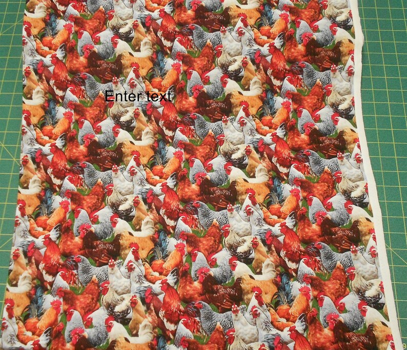 May include: A white fabric with a repeating pattern of colourful chickens. The chickens are in various poses, including standing, walking, and pecking. The fabric is ideal for crafting projects, such as quilting, sewing, and scrapbooking.
