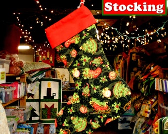Stocking- Red Green Christmas Toss Christmas Tree Santa Sleigh holly ornament/Black Grey vine/Solid Red Cuff/made in Michigan, ready to ship