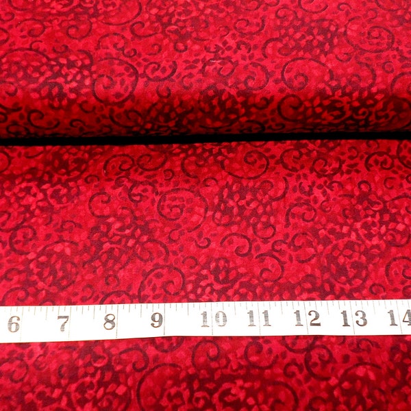 Fabric-1yd piece #4302 -Ruby Slippers/Red Scroll Tonal Texture -Essentials/Wilmington Prints/bright red/dark red jewel tones/26035