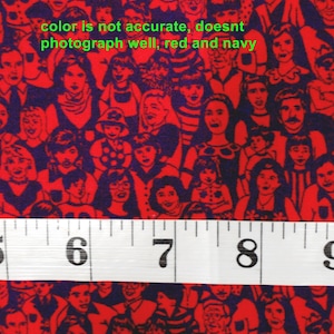 May include: Red fabric with a repeating pattern of navy blue silhouettes of people. The fabric is measured with a white tape measure that reads "HINA 5 6 7 8 9".