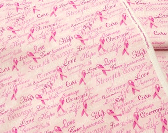 Pink Ribbon Breast Cancer Fabric-1/2 or 1yd #3843-Pink Awareness Words Text/Cure/Love/Courage/Believe/Strength/Cure/Hope/Believe/Survive