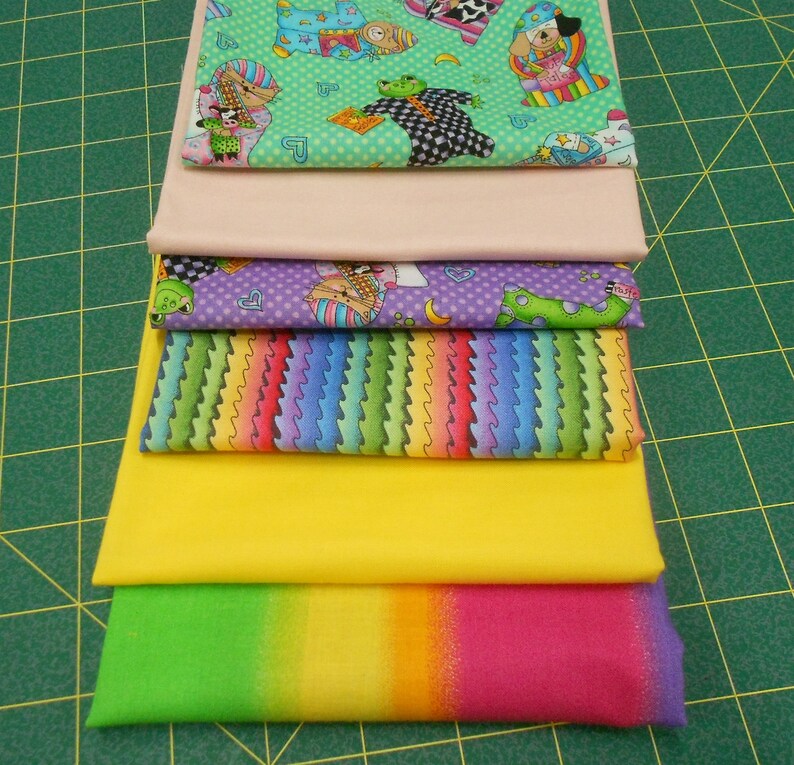 Fabric-6pc. Fat Quarter Bundle Bedtime/Nightie/rainbow/pink/blue/yellow/green/bedtime blanket/bunnies/bears/cats/dogs/frogs/books b393 image 6