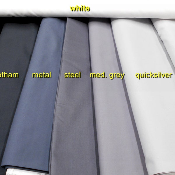 KONA Solid Fabric-choose 1 yard of White/Black/Metal/Steel/Overcast/Med. Grey/Quicksilver/Silver-Kaufman/Cotton