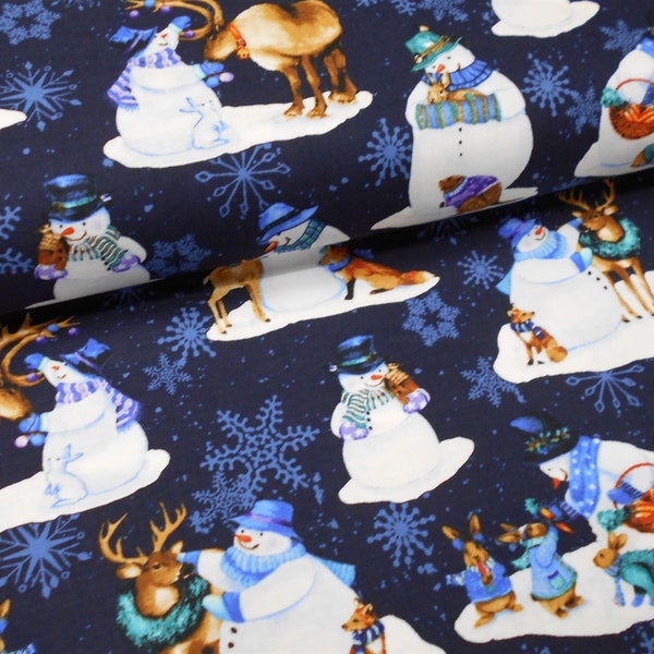 Fabric- 1/2yd or 1yd piece #5288-Snowmen and Woodland Critters on Navy/Snowflakes reindeer rabbit fox deer/Flurry Friends/Henry Glass