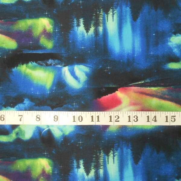 Fabric-1/2 or 1yd piece #4679 Black Landscape Night Sky-Aurora borealis/northern lights/blue pink green/Elizabeth's Studio/Landscape Medley