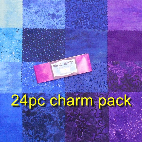 Fabric-24PC CHARM PACK #4350 Royal Nights/5""x5" squares/essentials/swirl/vine/spatter/green blue navy purple magenta