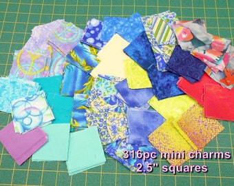 Fabric-316pc mini charm pack #4752/precut 2.5" squares/teal purple lavender peace signs/blue lime cosmo/batik/sunset red orange ombre/floral