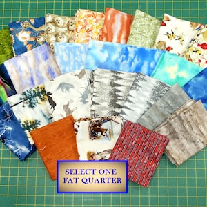 Fat Quarter Fabric/grass owl leaves/light med dark blue sky/arora borealis/lightning/birds nest packed/wild woods moose bear/woodgrain/duck