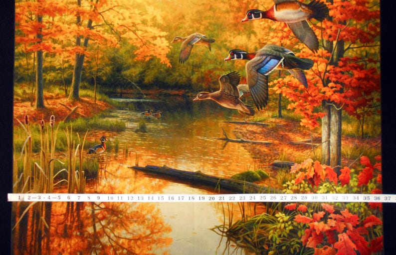 May include: A painting of a woodland scene with a pond and five wood ducks. The ducks are flying and swimming in the pond. The trees are in autumn colors of red, orange, and yellow. The pond is surrounded by green grass and reeds.