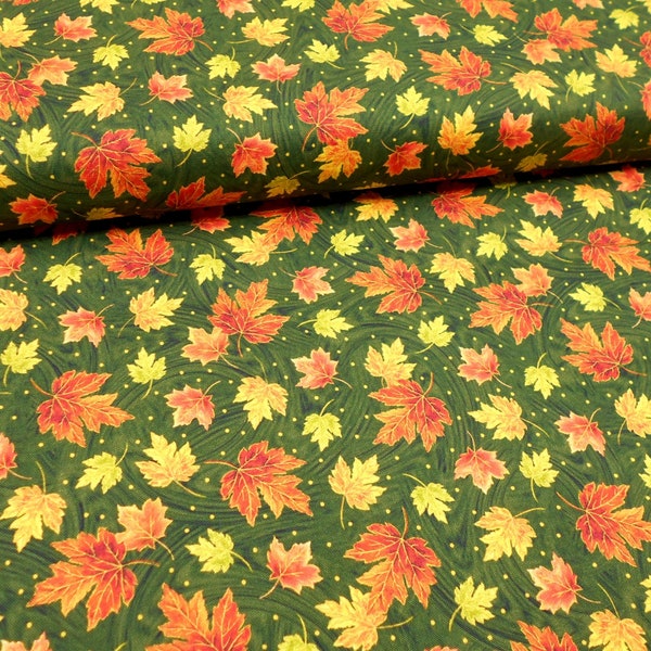 Fabric-1/2 or 1yd piece #5254-Multi Red Orange Green Leaves Swirling on Green Background/Always Give Thanks Fabric Line/Quilting Treasures