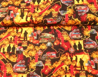 Fabric-1/2 or 1yd #4171-Fire Department/Rescue/red orange yellow/flames/Truck/Helmet/Hydrant/Badges/Firefighter/Elizabeth's Studio